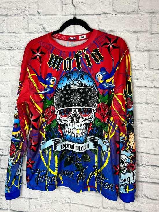 ASP Nation Other - ASP Nation Skull Graphic Long Sleeve Shirt Red Blue Tattoo Style Size M